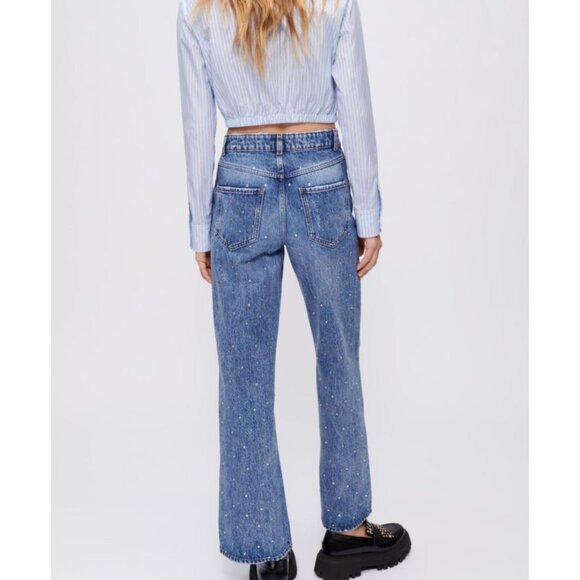 Maje High Waisted Jeans with Rhinestones Straight Leg Medium Wash Size 34 US XS - Picture 2 of 11